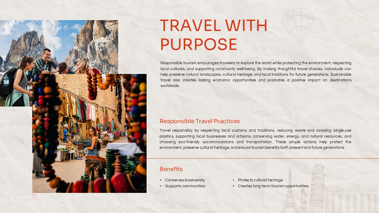 World Tourism Day Template - Responsible travel slide with sustainable tourism practices and benefits