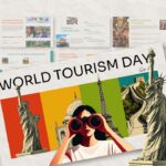 World Tourism Day Template - Preview of 11 vintage travel-themed slides with landmark illustrations