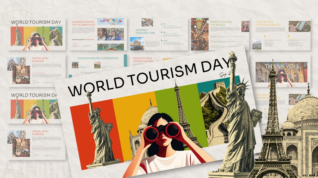 World Tourism Day Template - Preview of 11 vintage travel-themed slides with landmark illustrations