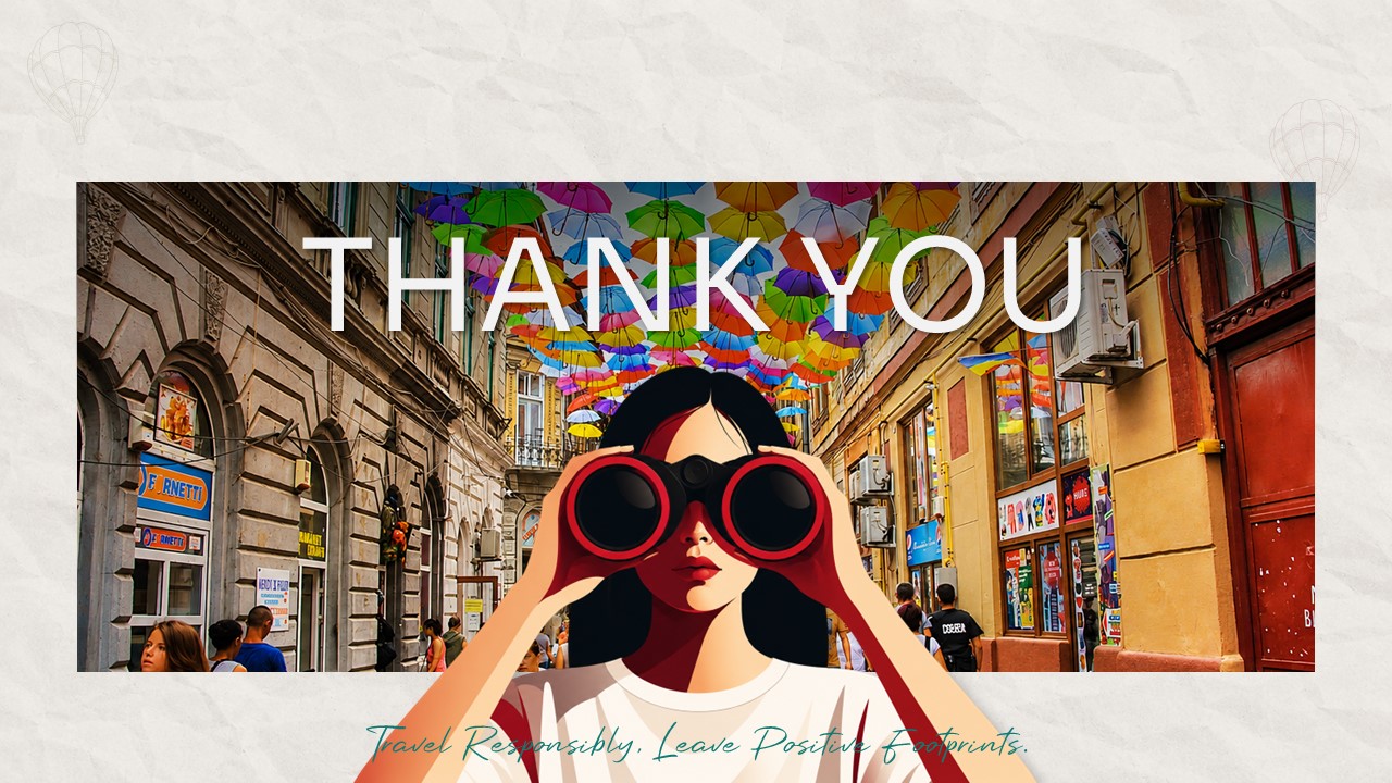 World Tourism Day Template - Thank you slide with illustrated traveler and inspirational closing tagline
