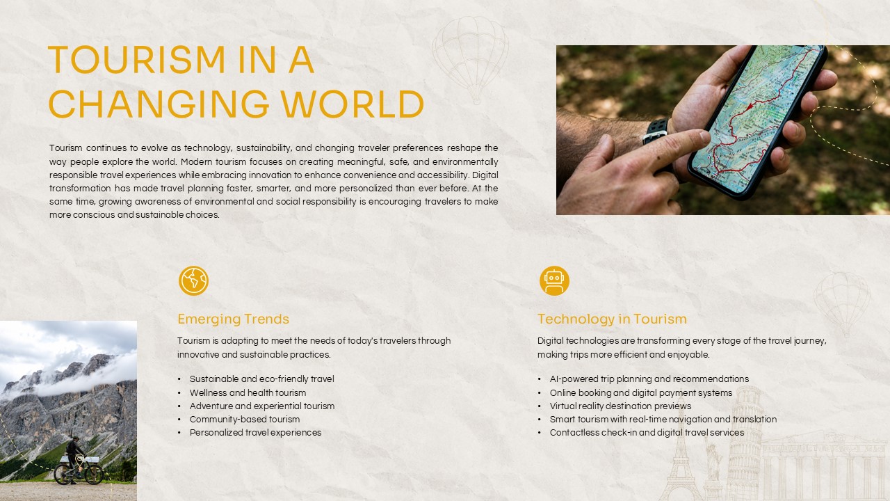 World Tourism Day Template - Trends slide with emerging travel trends and tourism technology bullet points