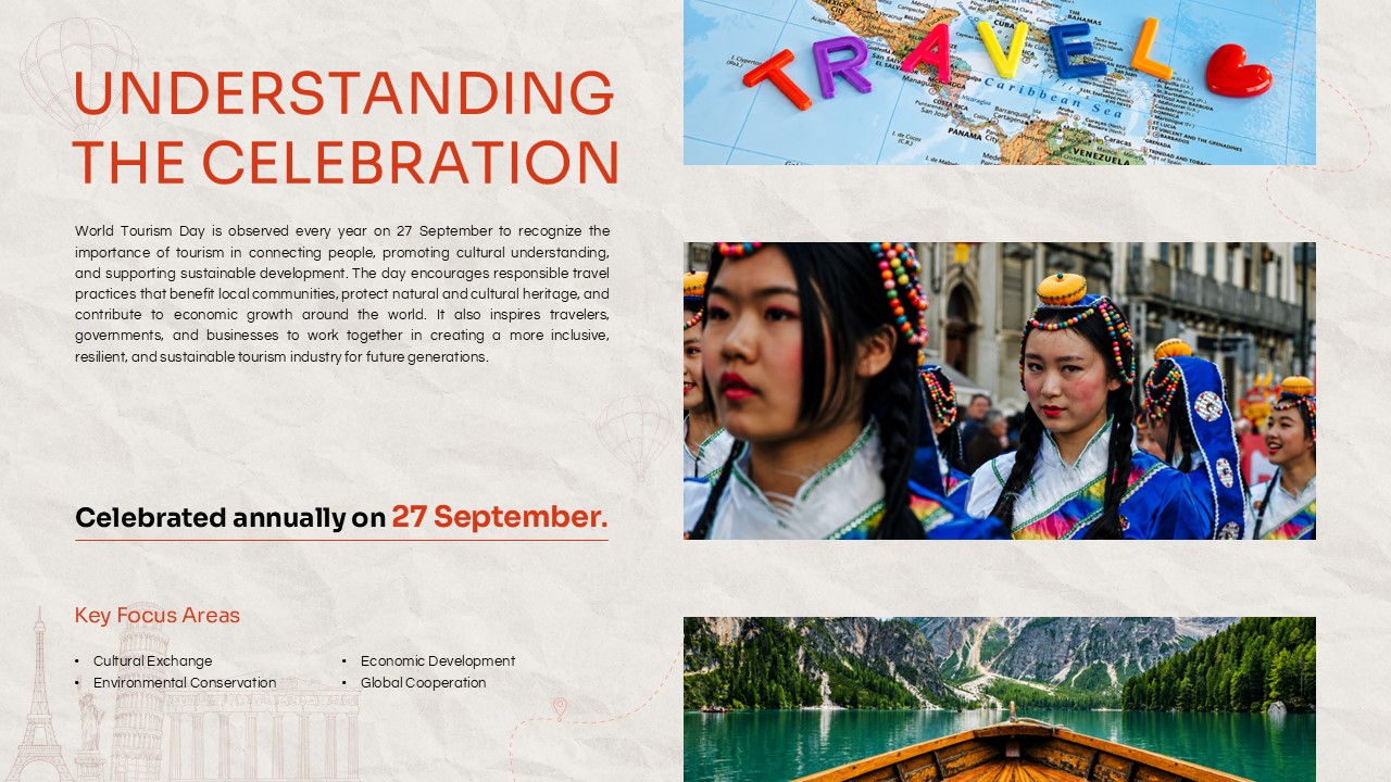 World Tourism Day Template - Introduction slide with key focus areas and travel photography
