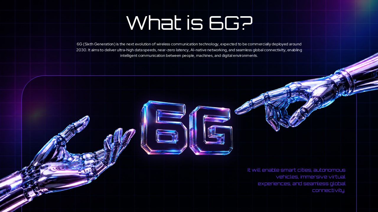 6G Technology Evolution of Mobile Networks - Six glowing oval cards tracing 1G to 6G progression on dark navy background