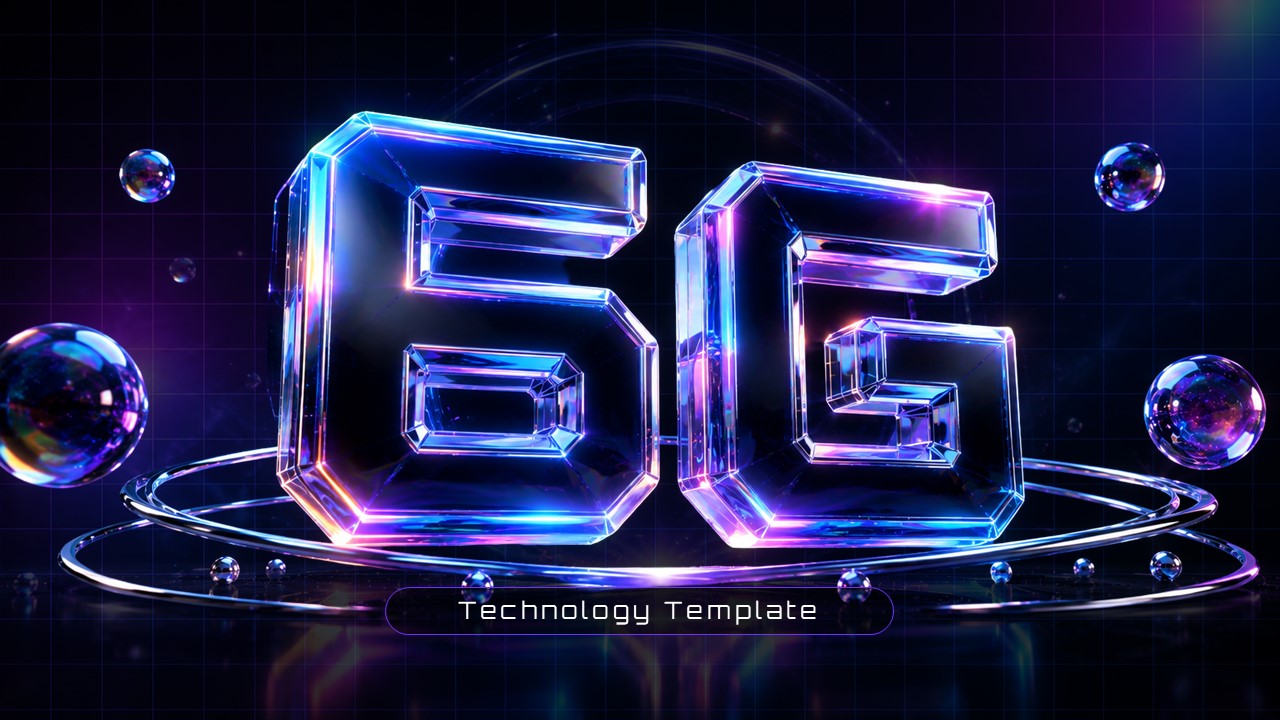 6G Technology Google Slides Template - Chrome robotic hands reaching toward central 6G logo on dark navy background