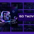 6G Technology Template - Neon 3D title with electric blue-purple glow on black, surrounded by floating crystal spheres