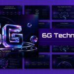 6G Technology Template - Neon 3D title with electric blue-purple glow on black, surrounded by floating crystal spheres