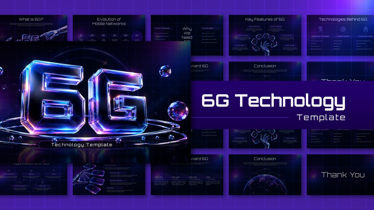 6G Technology Template - Neon 3D title with electric blue-purple glow on black, surrounded by floating crystal spheres