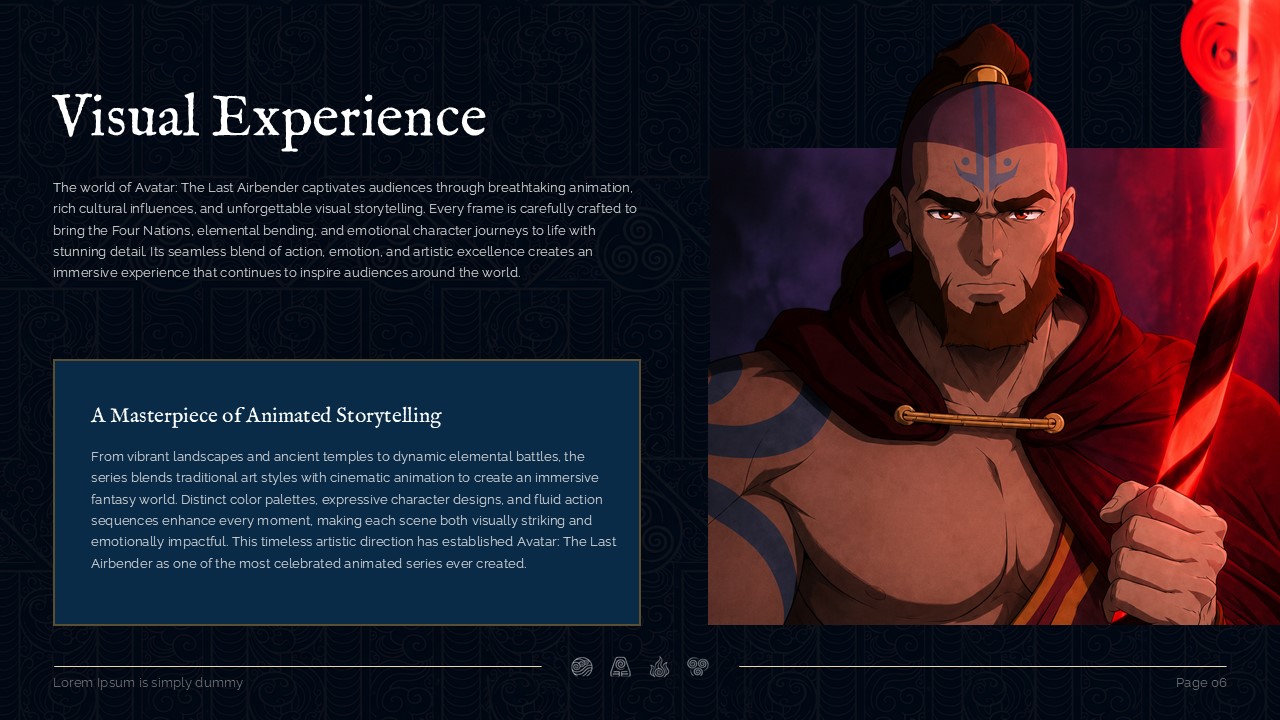 Visual experience slide displaying a dramatic Firebender close-up portrait in an animated film presentation template.