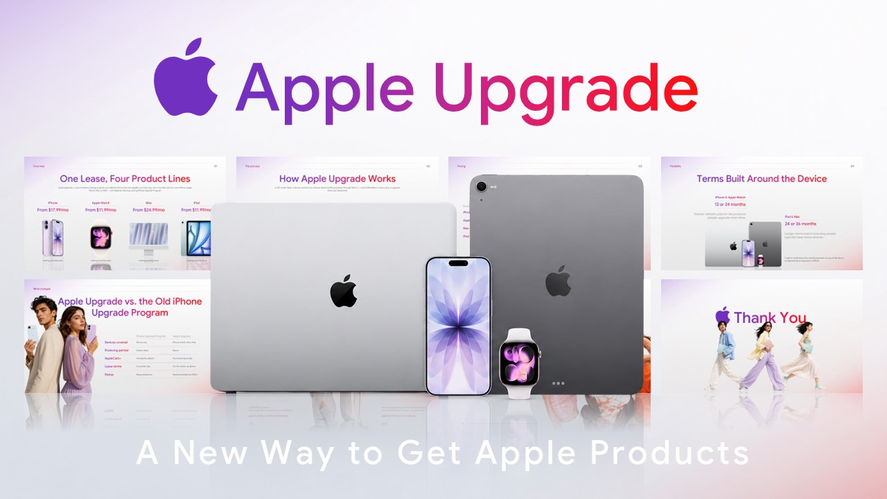 Apple Upgrade presenting MacBook Pro, iPhone, iPad Pro, and Apple Watch hardware.