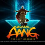 Title slide for Avatar Aang The Last Airbender presentation template featuring Aang floating in the Avatar state with glowing arrow background.