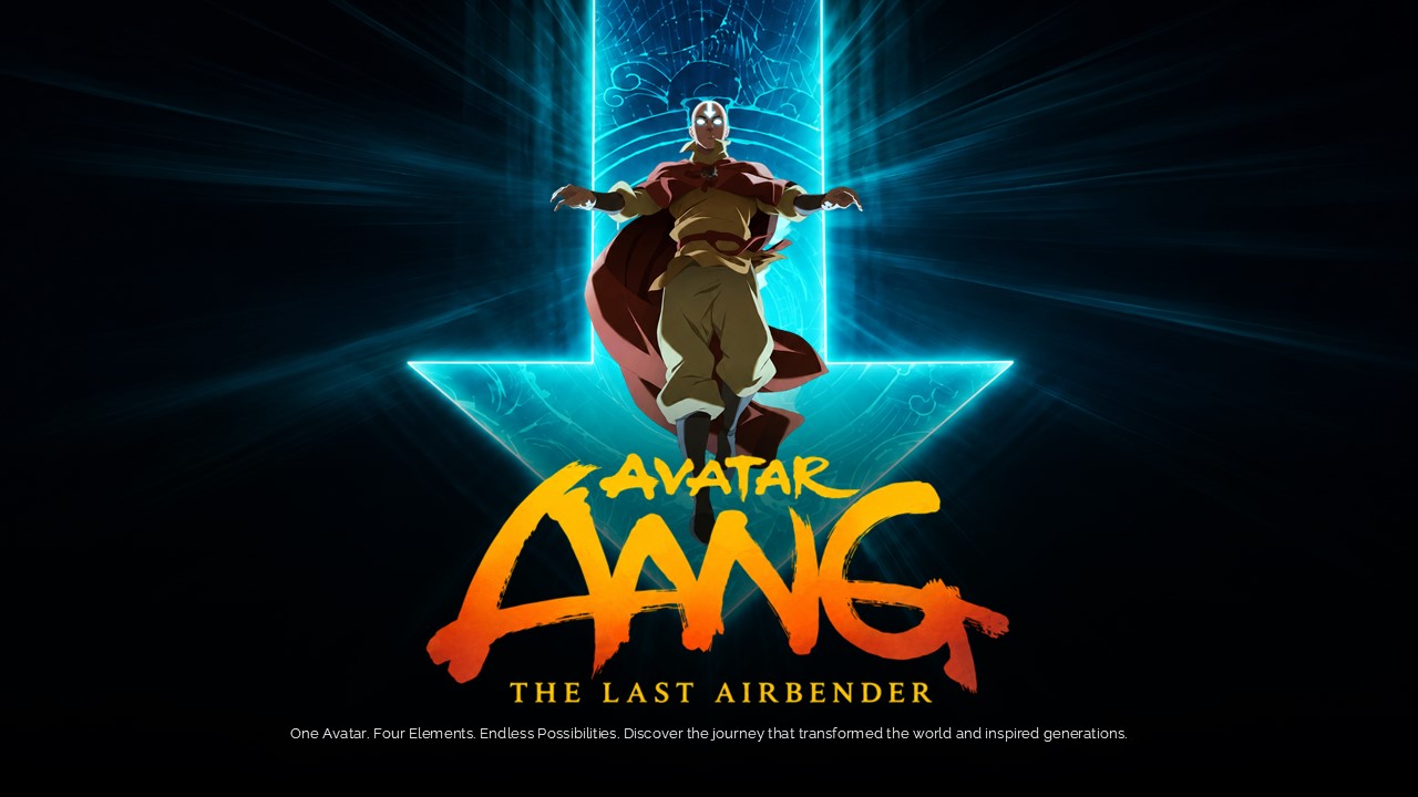 Title slide for Avatar Aang The Last Airbender presentation template featuring Aang floating in the Avatar state with glowing arrow background.