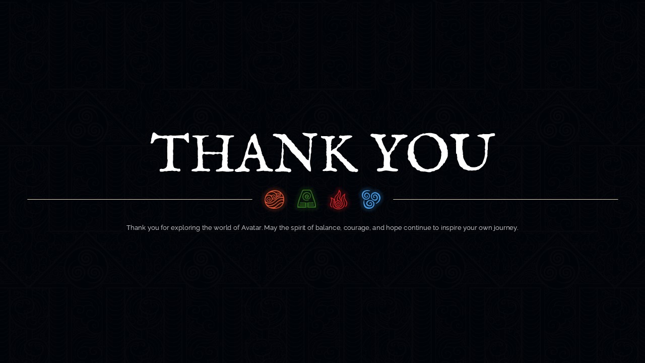 Minimalist closing slide featuring a bold Thank You heading with four glowing elemental bending symbols.
