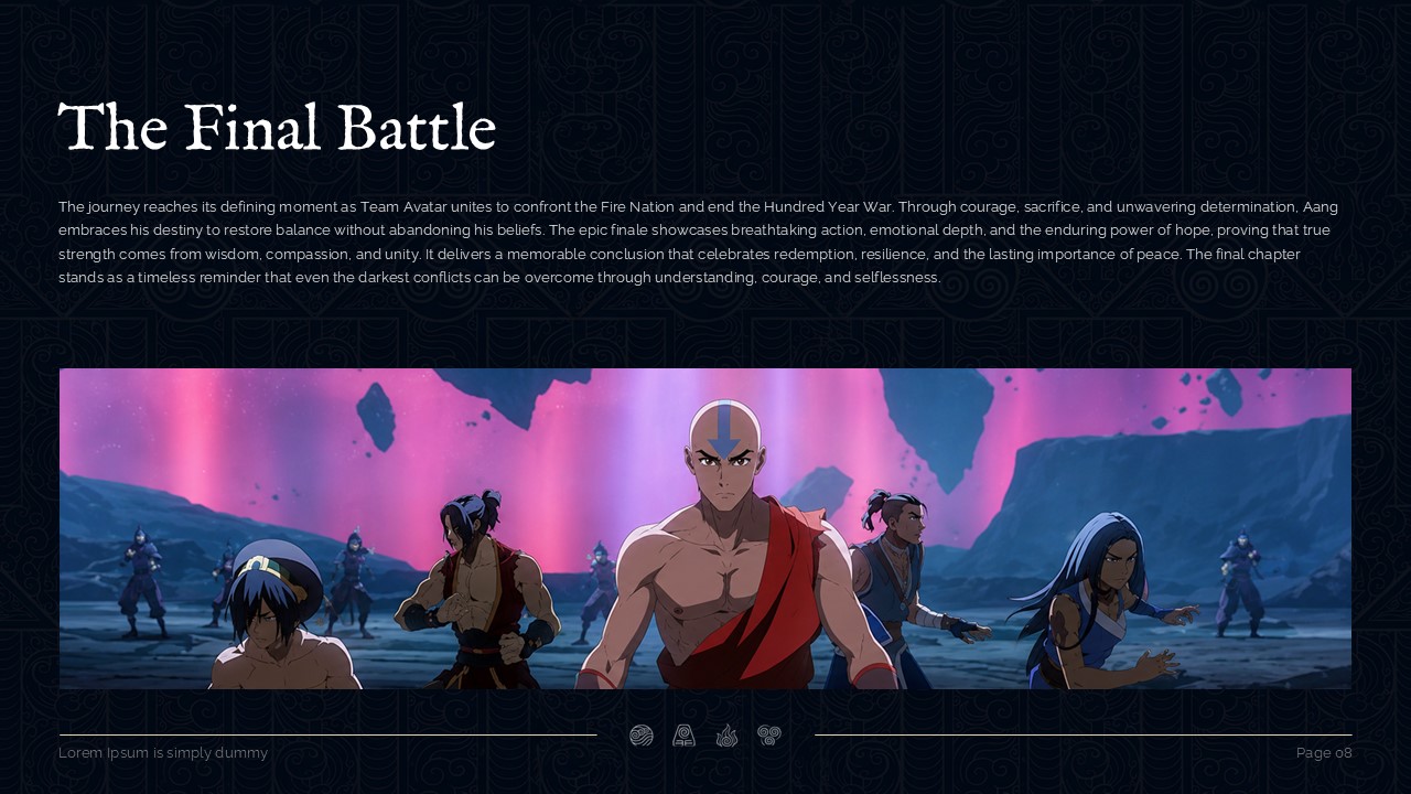 Cinematic action banner displaying Team Avatar lined up for the final battle against Fire Nation in PowerPoint deck.