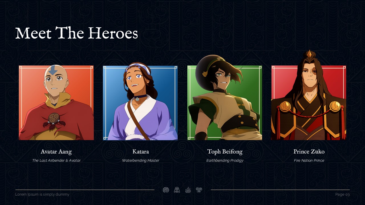 Four character spotlight cards showing Avatar Aang, Katara, Toph Beifong, and Prince Zuko in a PowerPoint slide layout.