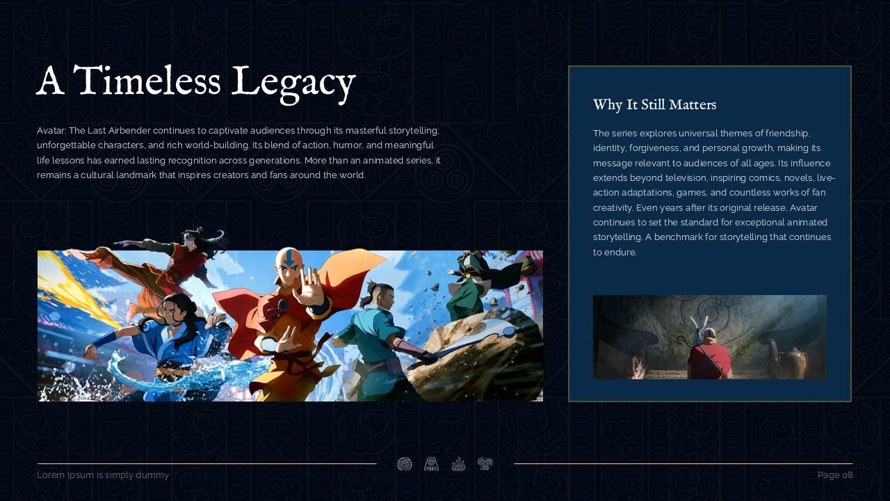 Retrospective presentation slide displaying Team Avatar bending artwork and narrative analysis layout.