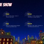 Show background info slide detailing Disney Junior network, first aired year, format, and inspiration against a starry city night sky.