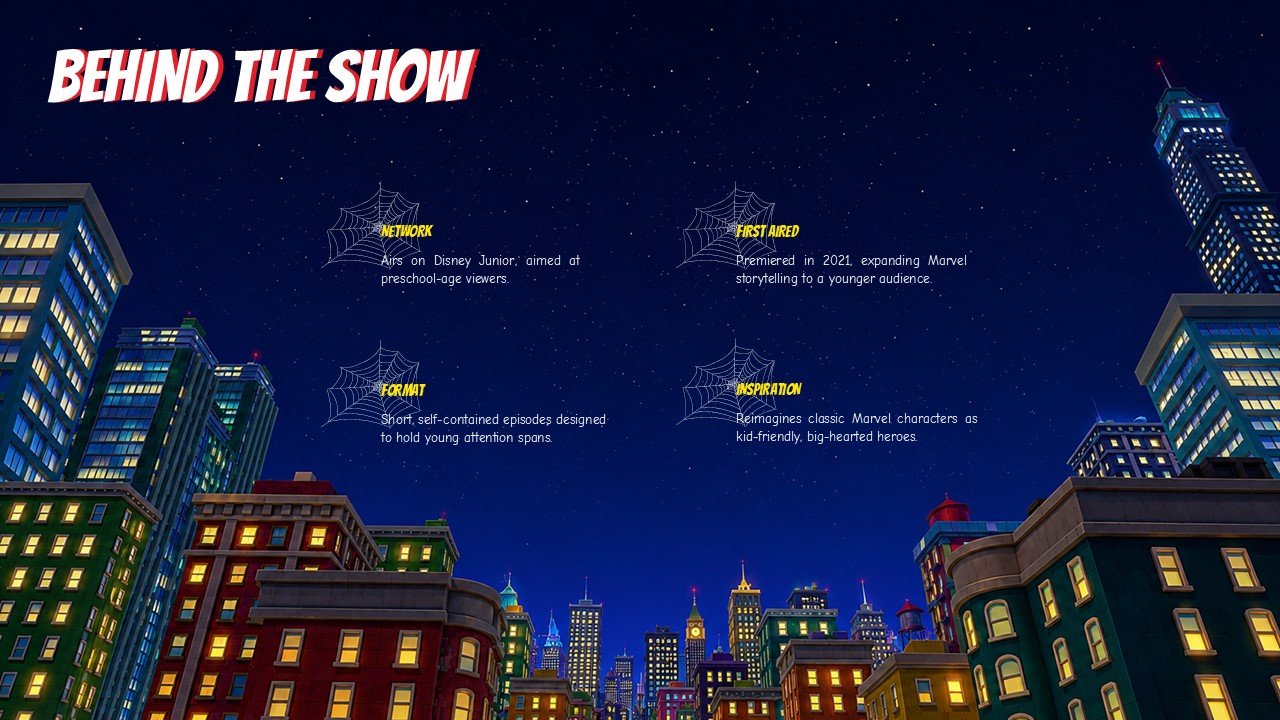 Show background info slide detailing Disney Junior network, first aired year, format, and inspiration against a starry city night sky.