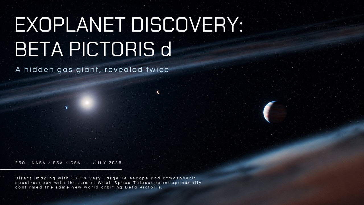 Cover slide for Beta Pictoris d exoplanet presentation template showing star system and planet in deep space backdrop.