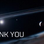 Minimalist closing slide with bold Thank You title set against a dark starfield and distant exoplanet.