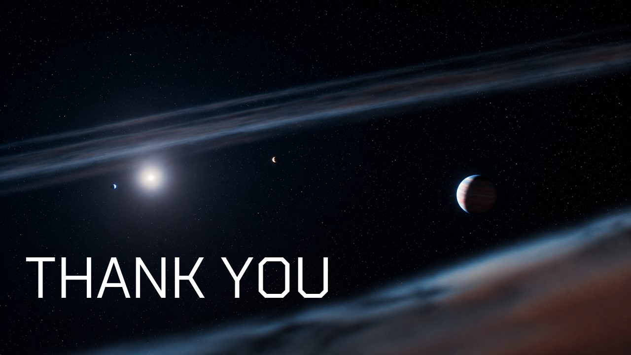 Minimalist closing slide with bold Thank You title set against a dark starfield and distant exoplanet.