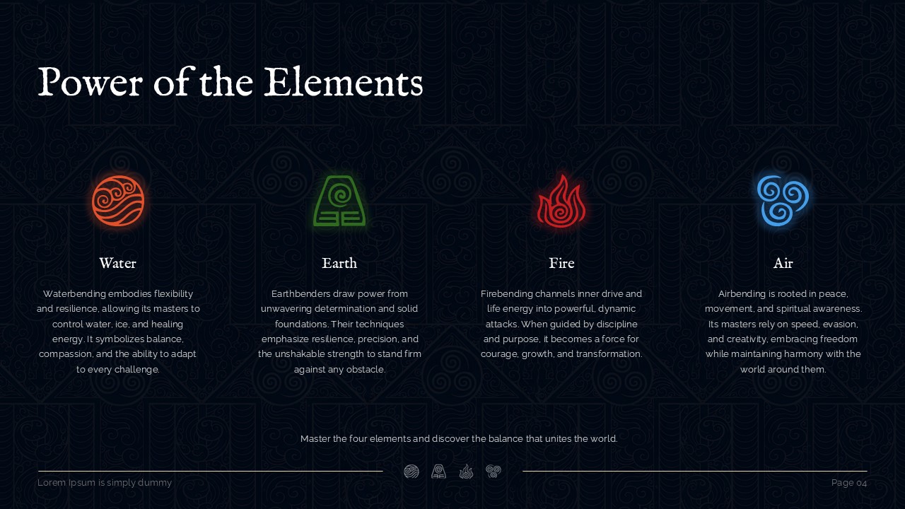 Power of the elements slide displaying glowing Water, Earth, Fire, and Air bending emblems for Avatar presentation template.