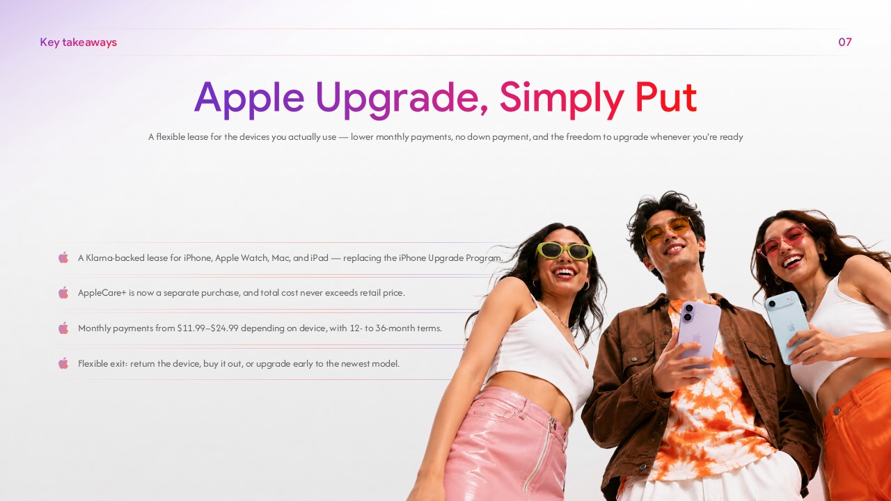 Four summary bullet points alongside three models holding colorful Apple devices.