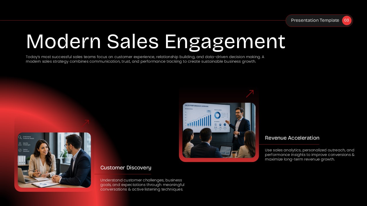 Modern Sales Engagement slide featuring two dark image cards for Customer Discovery and Revenue Acceleration.