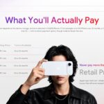Pricing table alongside a model holding an iPhone, detailing starting prices and the retail price cap rule.