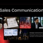 Multi-card Sales Communication slide showcasing client engagement photos, sales dashboards, and handwritten notes.