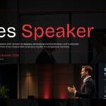 Title slide for Sales Speaker presentation template featuring a dark theme, bold typography, red accents, and a keynote speaker image.