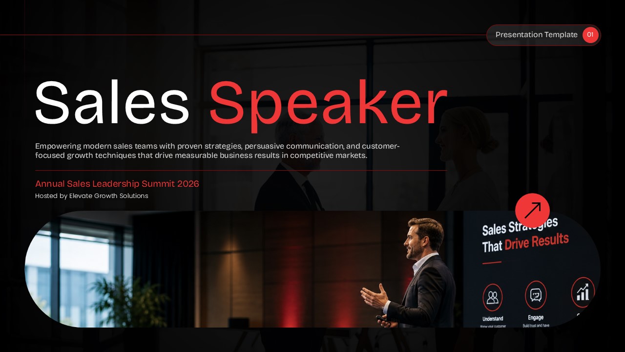 Title slide for Sales Speaker presentation template featuring a dark theme, bold typography, red accents, and a keynote speaker image.