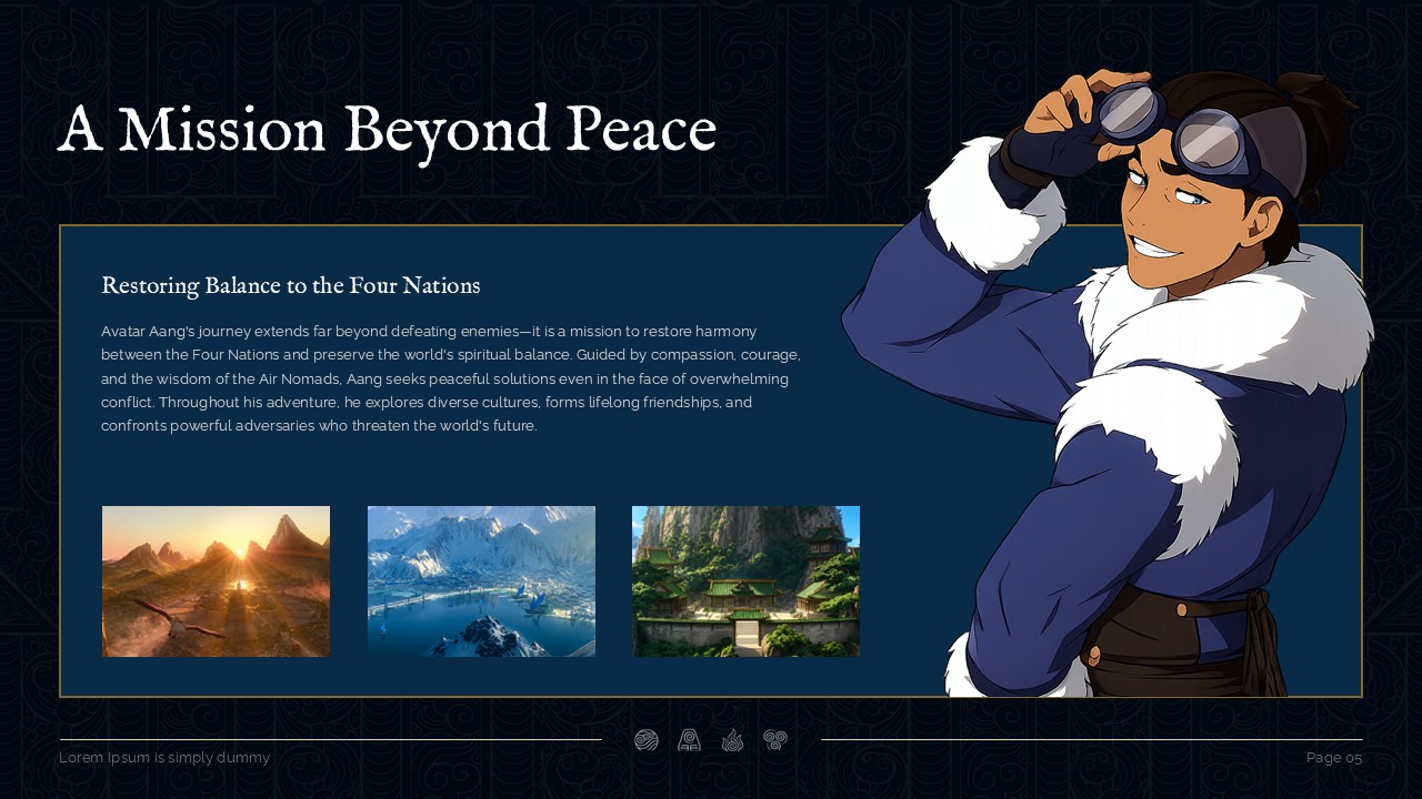 Narrative slide featuring Sokka illustration alongside scenery photos of Air Nomad and Water Tribe landscapes in Canva template.
