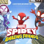Title slide for Spidey and His Amazing Friends cartoon series presentation template featuring Ghost-Spidey, Spidey, and Spin web-swinging between skyscrapers.