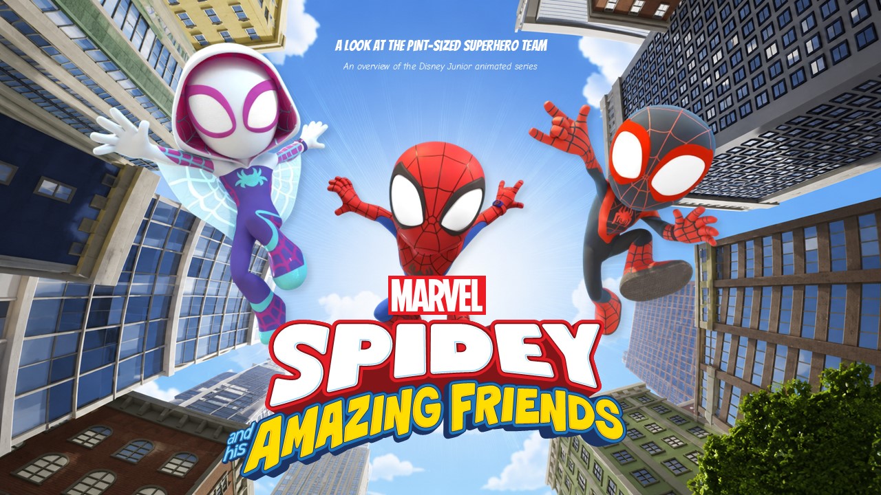 Title slide for Spidey and His Amazing Friends cartoon series presentation template featuring Ghost-Spidey, Spidey, and Spin web-swinging between skyscrapers.