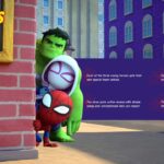 Fun facts presentation slide featuring Hulk, Ghost-Spidey, and Spidey peeking around a red brick wall.