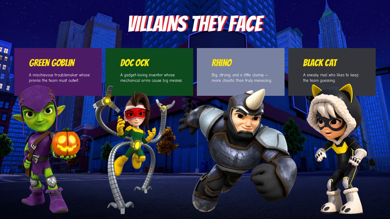 Villains slide displaying Green Goblin, Doc Ock, Rhino, and Black Cat characters for Spidey cartoon template.
