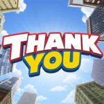 Closing presentation slide with bold comic-style Thank You text looking up at city skyscrapers against a blue sky.