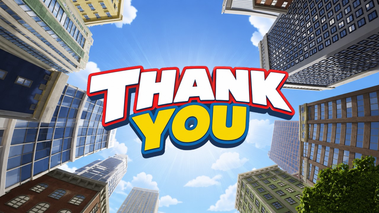 Closing presentation slide with bold comic-style Thank You text looking up at city skyscrapers against a blue sky.
