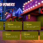 Presentation layout detailing Spidey team gadgets and powers with Spin swinging at a carnival booth backdrop.