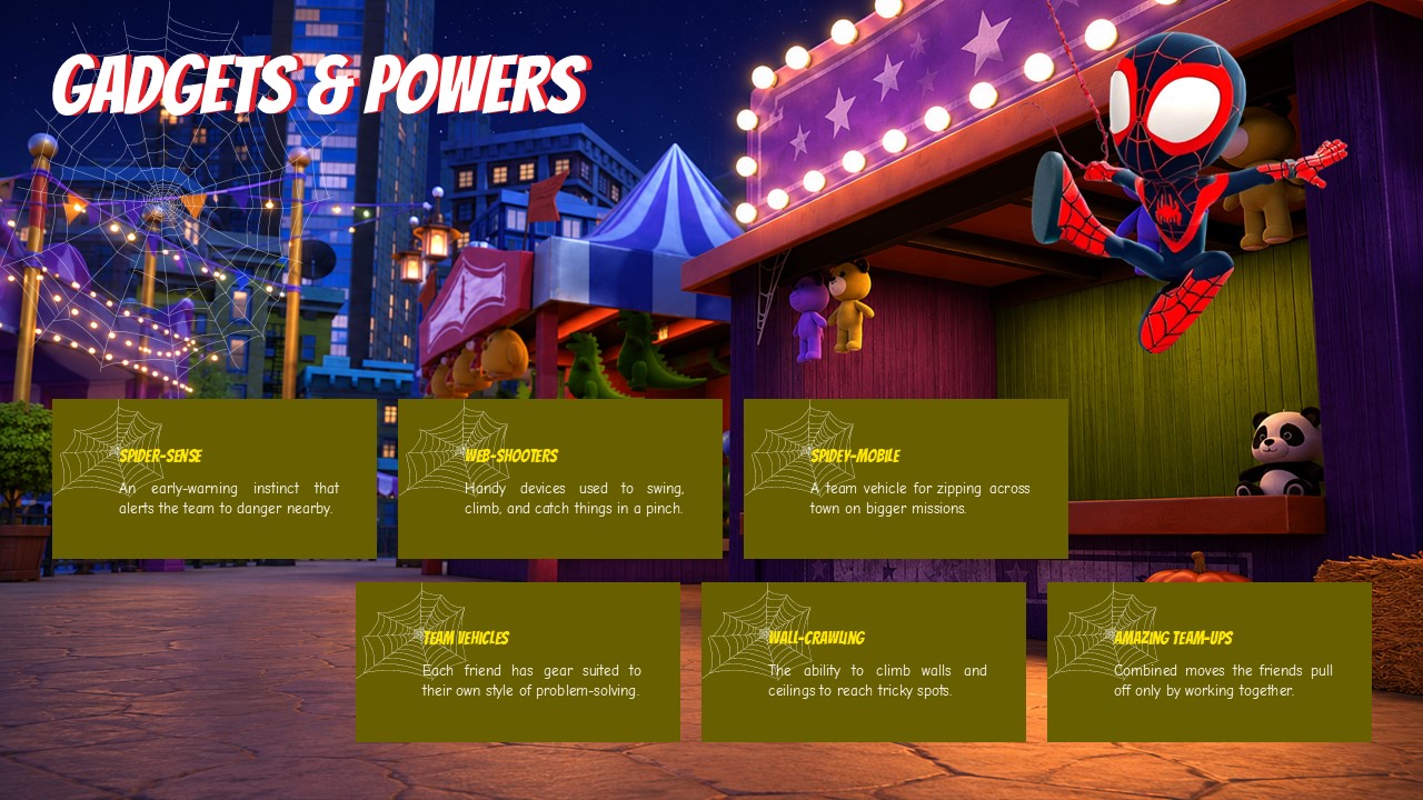 Presentation layout detailing Spidey team gadgets and powers with Spin swinging at a carnival booth backdrop.