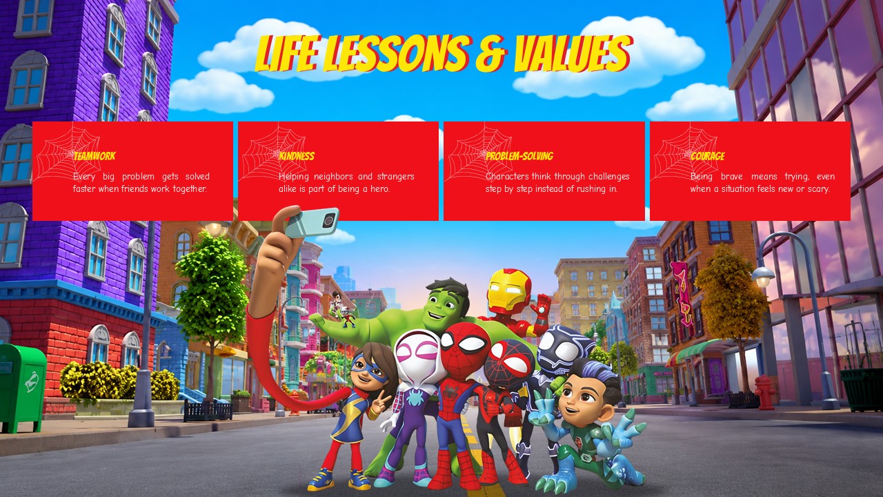 Educational slide showing Spidey hero team taking a selfie with red text boxes for Teamwork, Kindness, Problem-Solving, and Courage.
