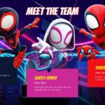 Character spotlight slide introducing Spin Miles Morales, Ghost-Spidey Gwen Stacy, and Spidey Peter Parker.