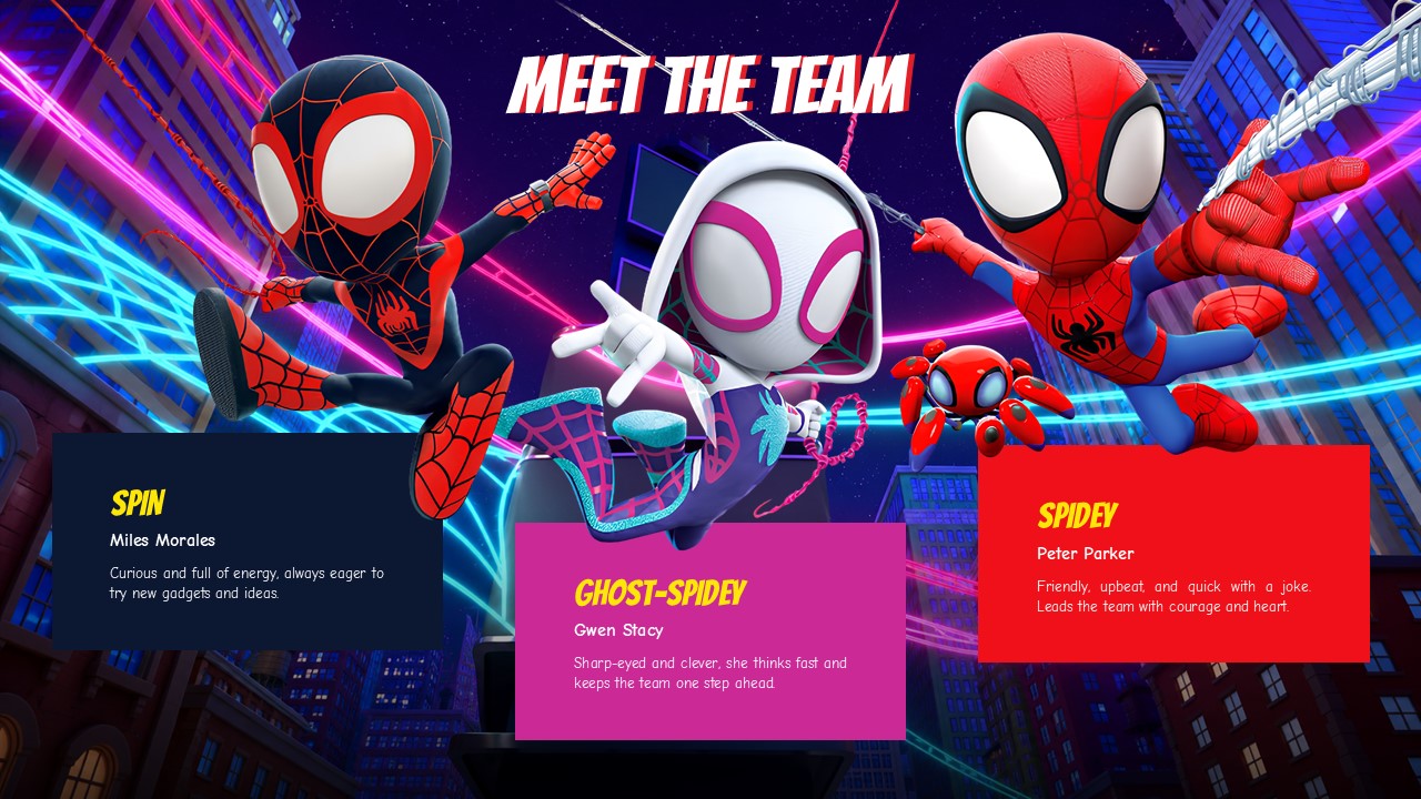Character spotlight slide introducing Spin Miles Morales, Ghost-Spidey Gwen Stacy, and Spidey Peter Parker.