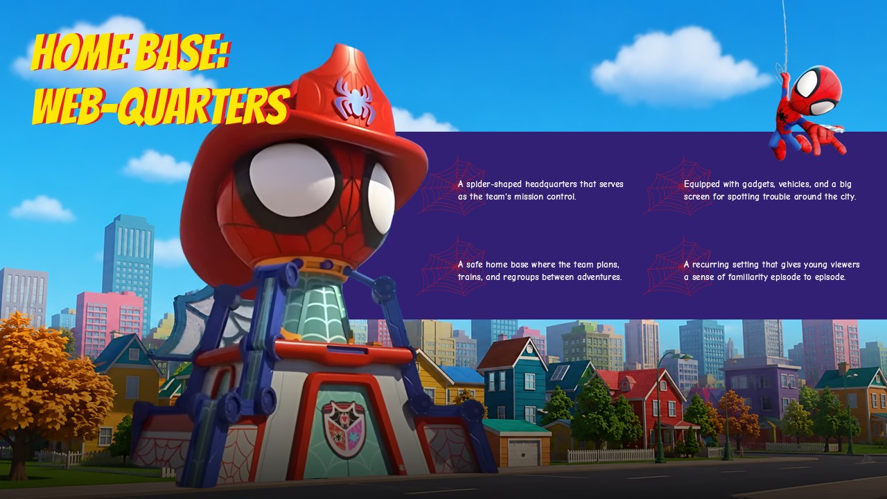 Presentation slide showing the Web-Quarters spider building home base in Spidey and His Amazing Friends template.