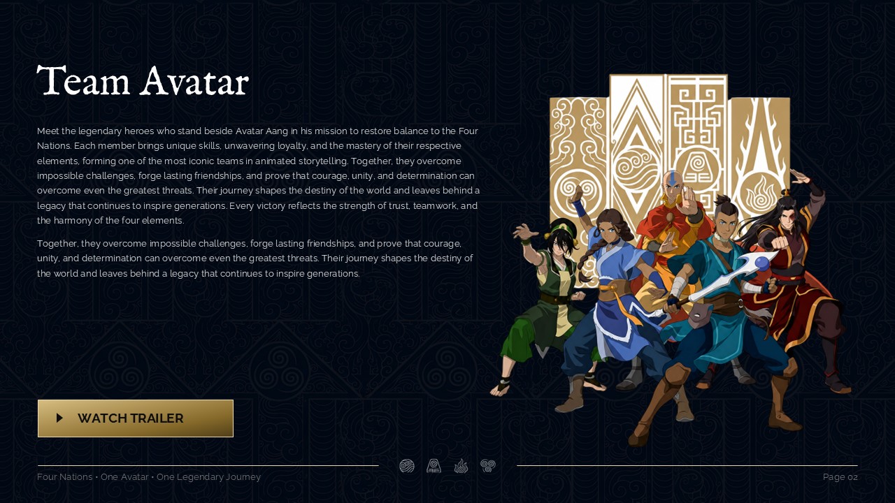 Team Avatar group slide showcasing Aang, Katara, Sokka, Toph, and Zuko in bending action poses for movie presentation deck.