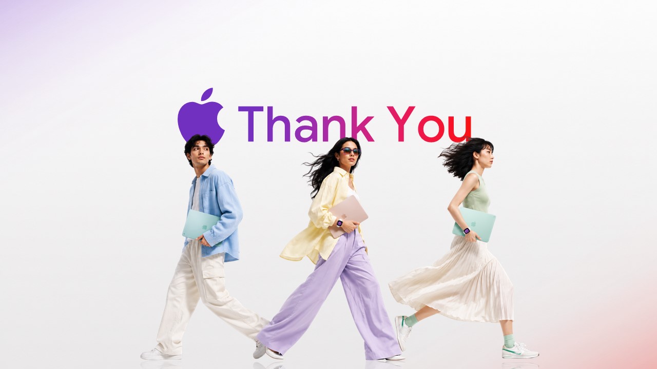 Closing slide featuring a purple Apple logo, 'Thank You' text, and three models with Apple hardware.