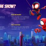 Overview presentation slide explaining the Spidey cartoon show format with spiderweb text cards against a starry night cityscape.