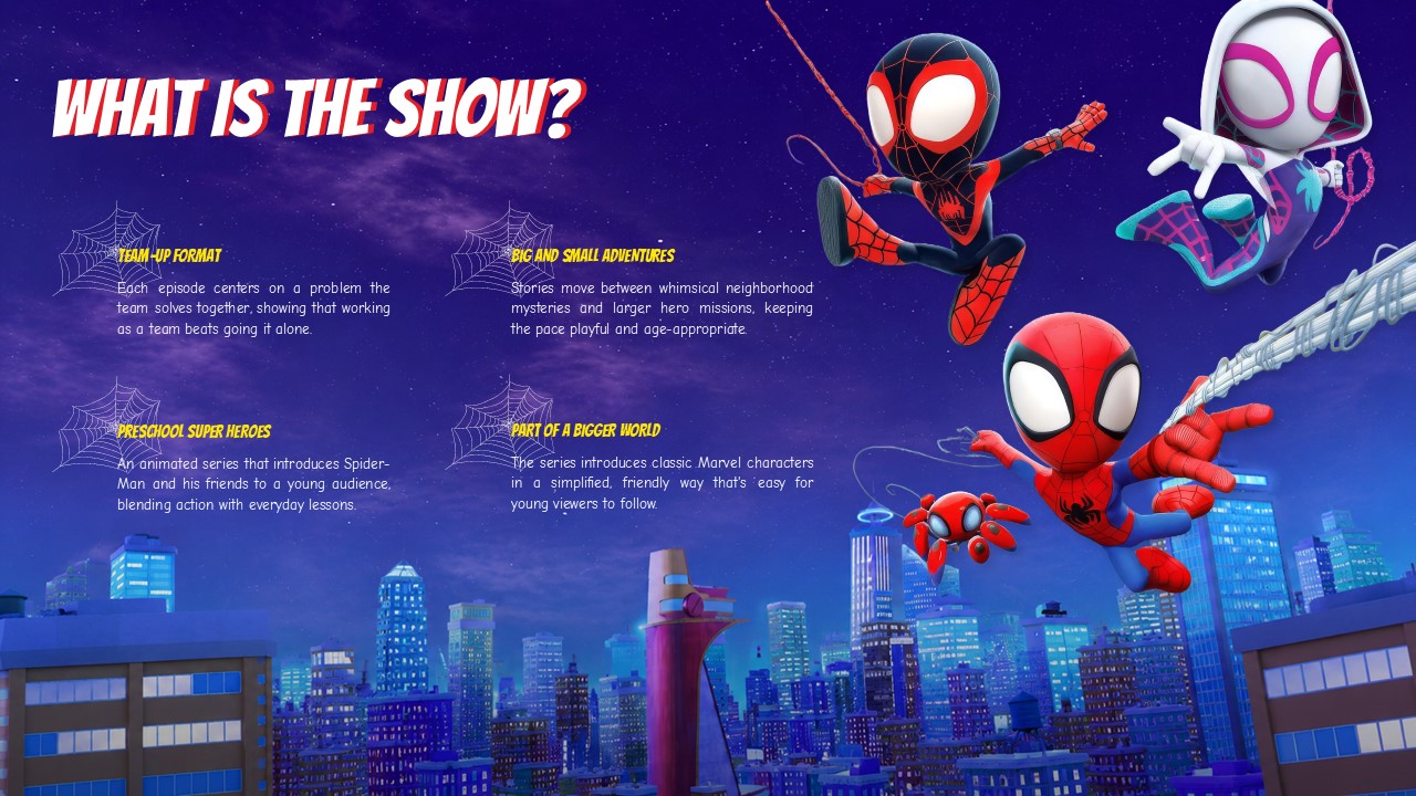 Overview presentation slide explaining the Spidey cartoon show format with spiderweb text cards against a starry night cityscape.