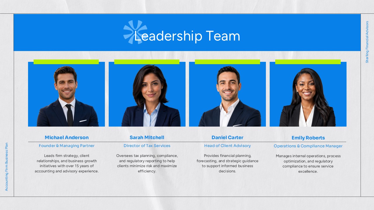 Accounting Firm Business Plan - Leadership Team slide