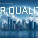 Air Quality Presentation Template - Bold title cover slide with city skyline and dramatic cloudscape